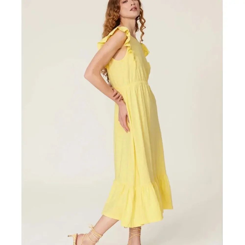 BA&SH Yellow Prairie Midi Dress SMALL Cottage Tiered Ruffle Cotton Designer $220 - Picture 4 of 10